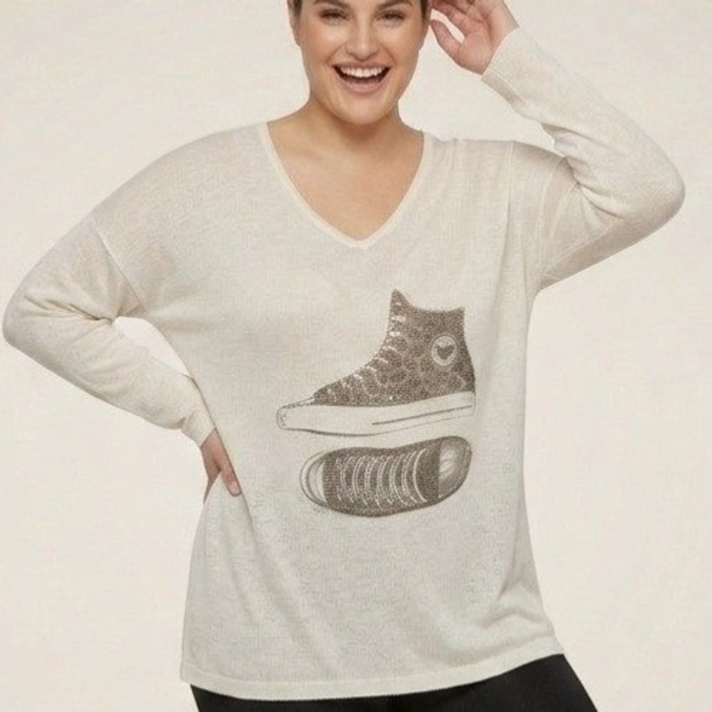 Frank Lyman Montreal Cream Bedazzled Sneaker Graphic Tunic Sweater XXL